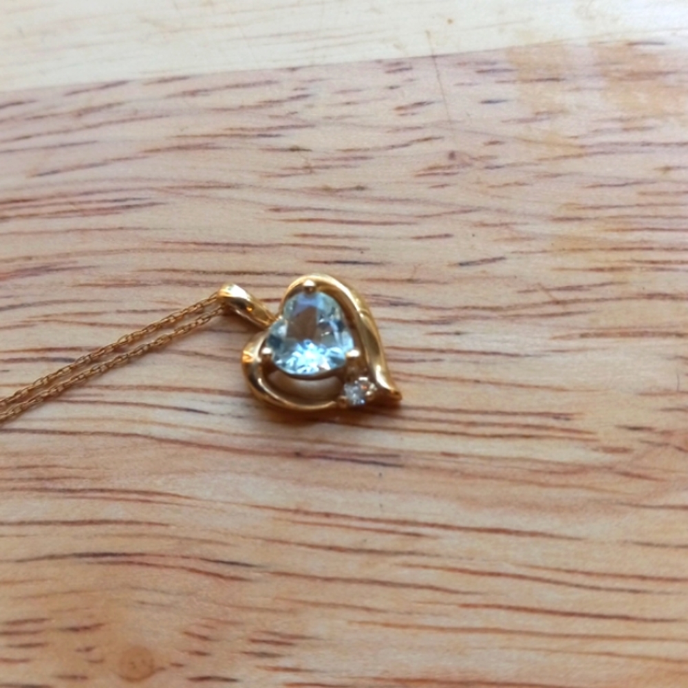 Vintage 10k Gold Aquamarine/Diamond Heart Pendant Necklace